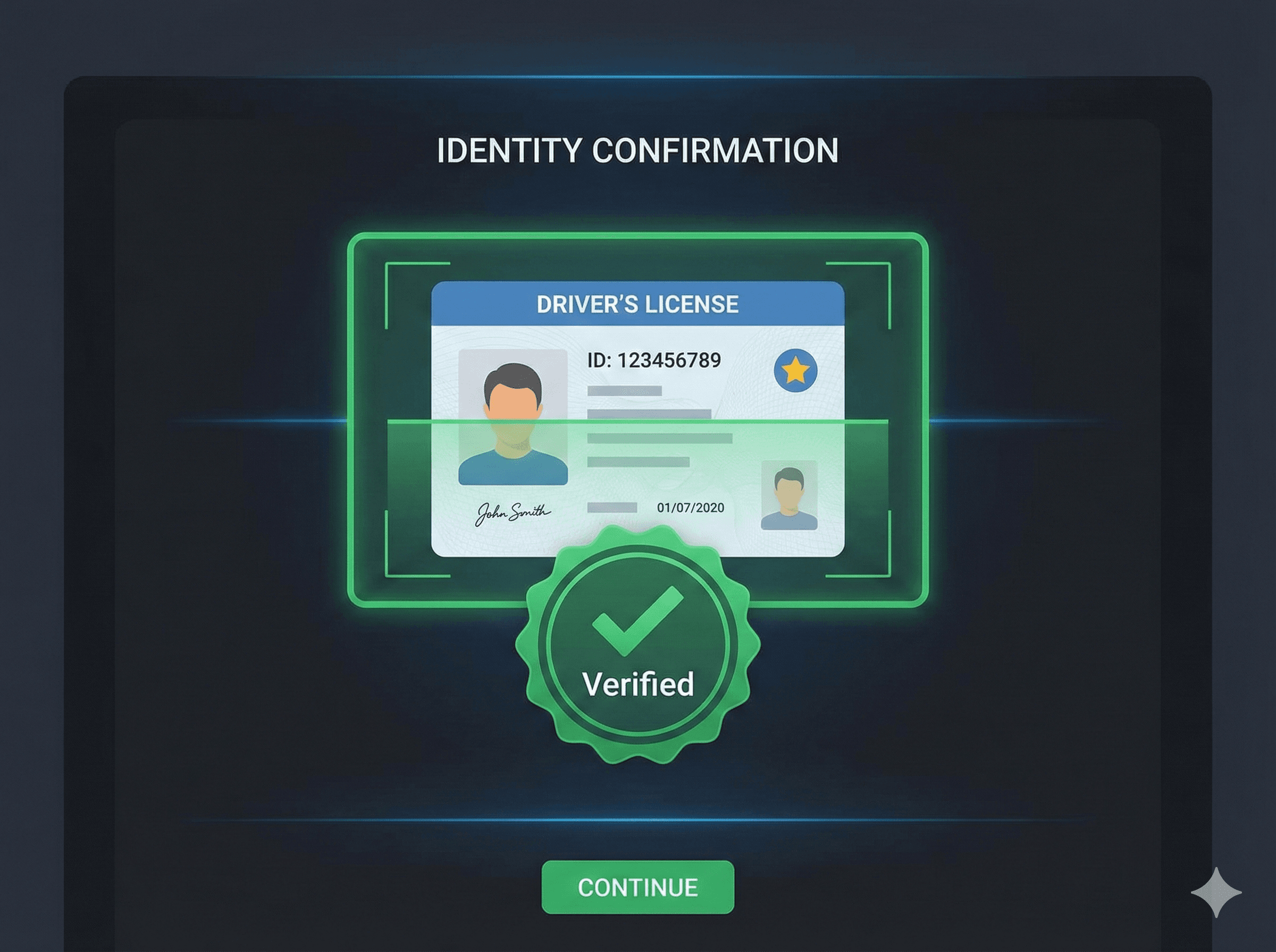 Driver ID verification screen with card scan and green checkmark